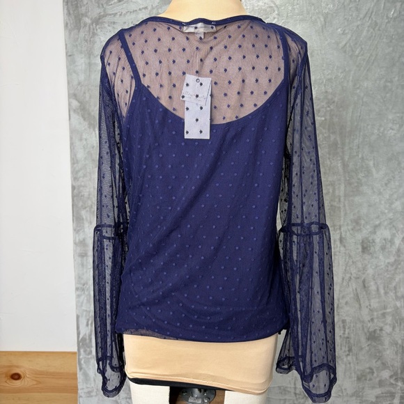 Navy Sheer Polka Dot Bell Sleeve Blouse Sz L Romantic‎ Whimsigoth Dainty - Picture 2 of 12